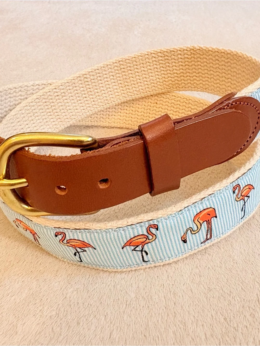 Flamingo Print Ribbon Canvas and Saddle Leather Trim Brass Buckle Sz 32